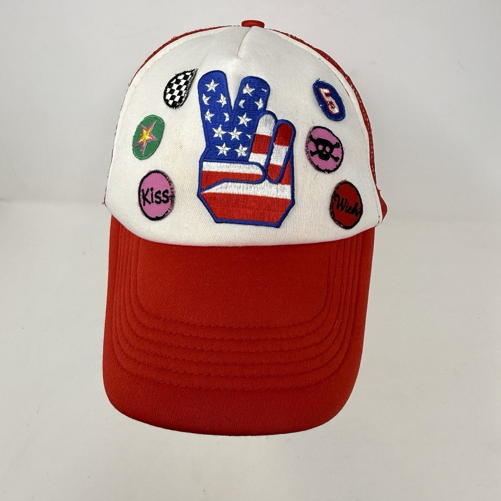 AMERICAN FLAG PEACE SIGN TRUCKER‎ HAT WITH PATCHES SNAP BACK RED MESH BACK OSFM
